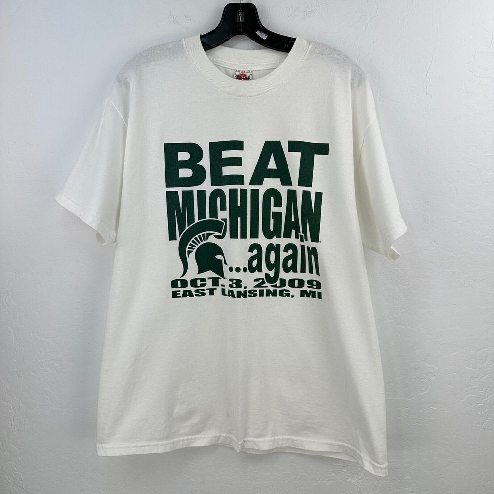 Vintage Alstyle Tshirt Mens L White Green Beat Michigan Football Short Sleeve
